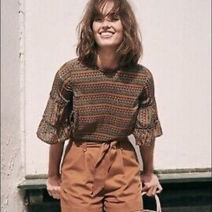 Sezane tribal Aztec print silk flutter sleeve blouse top nwot